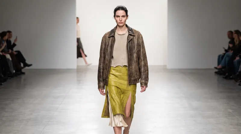 The collection contrasted heavy industrial materials like distressed leather with delicate sheer fabrics.