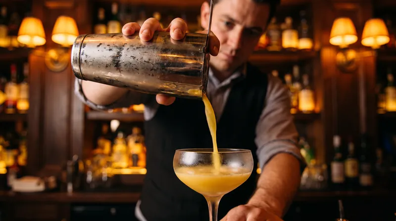 A bartender pouring a freshly shaken yellow cocktail from a metal shaker into a chilled glass.