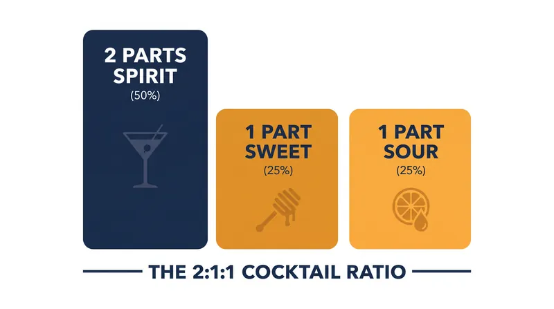 The modern golden ratio allocates exactly half the drink's volume to the base spirit.