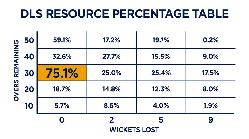 The DLS resource table assigns a specific percentage to every combination of overs and wickets.