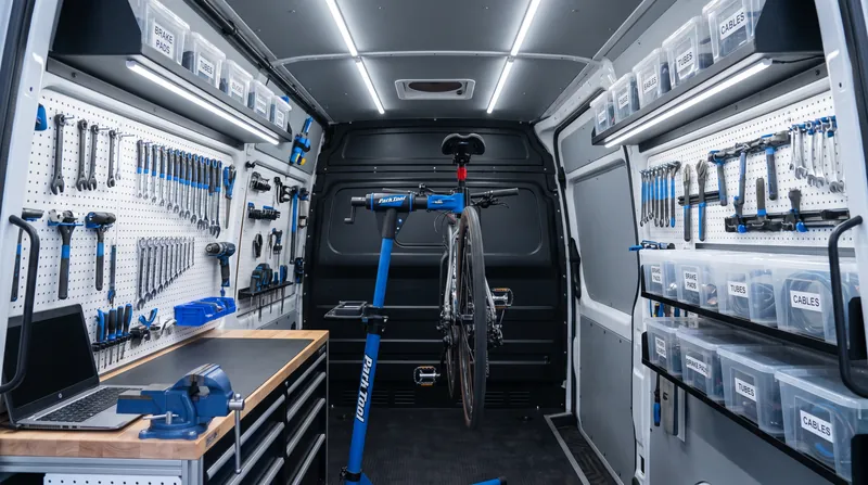 Velofix vans operate as fully equipped mobile workshops, capable of performing complex tune-ups and e-bike diagnostics.