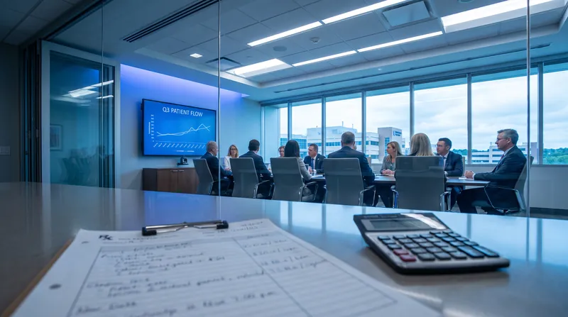 A modern hospital administrative boardroom with a blurred medical chart and calculator in the foreground.
