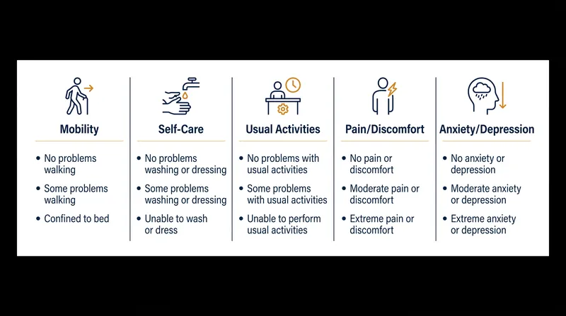 The EQ-5D questionnaire measures health-related quality of life across five distinct dimensions.