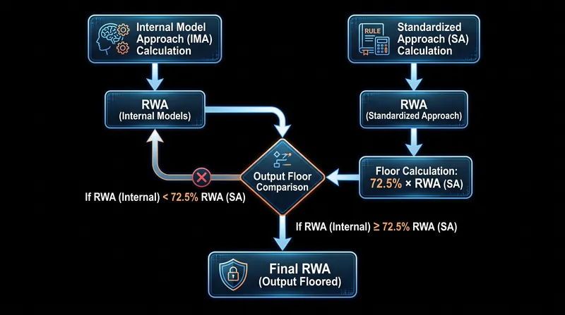 The Basel III output floor ensures internal models cannot drop below 72.5% of the standardized calculation.