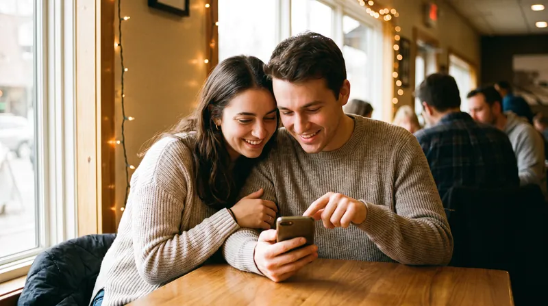 A young couple sits closely together in a coffee shop, smiling as they look at a smartphone.