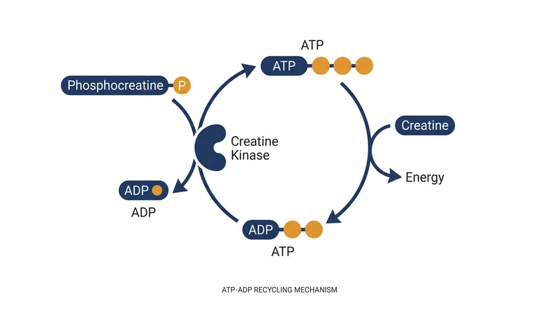 Creatine kinase catalyzes the transfer of a phosphate group to recharge ADP into ATP.