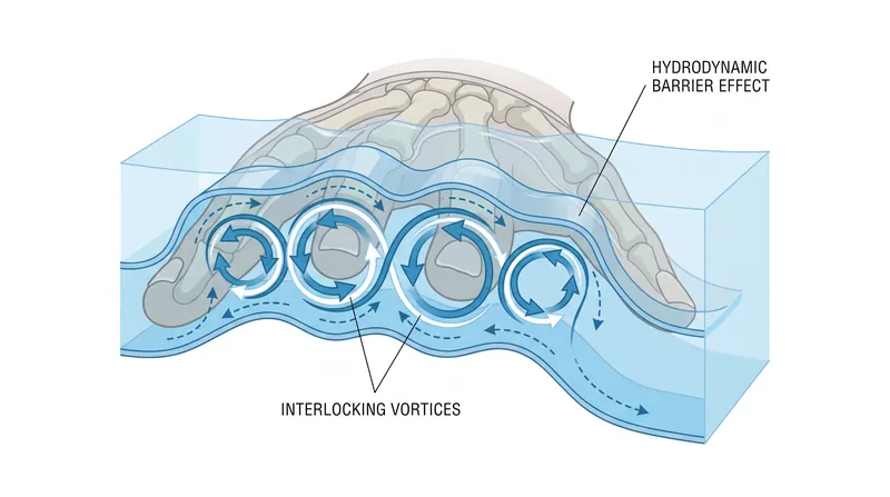 Vortices form between the fingers, blocking water flow and increasing effective surface area.