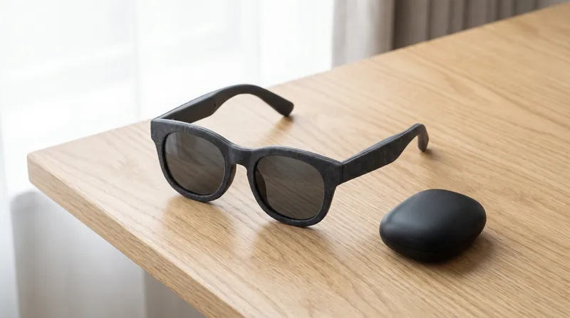 A pair of lightweight black VR glasses sits next to a small, rounded pocket device on a desk.