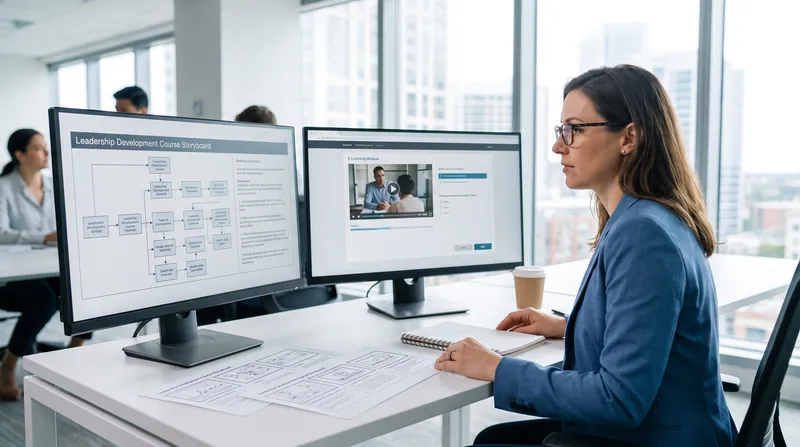 A professional instructional designer working at a dual-monitor desk, analyzing digital learning modules and storyboards.