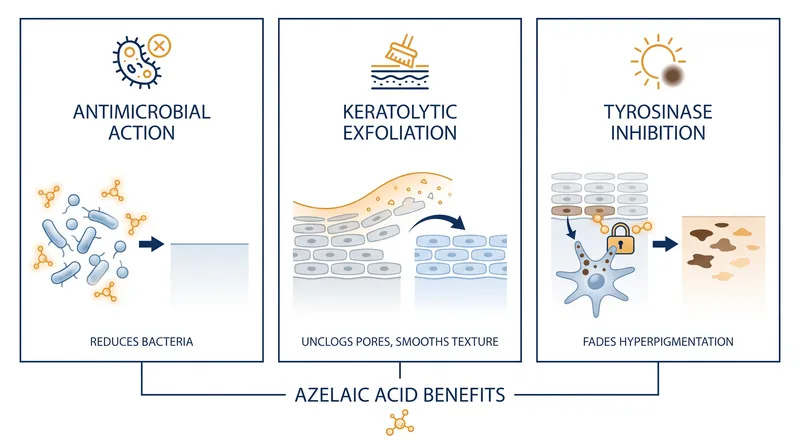 Azelaic acid operates on multiple fronts, making it effective for acne, rosacea, and hyperpigmentation.