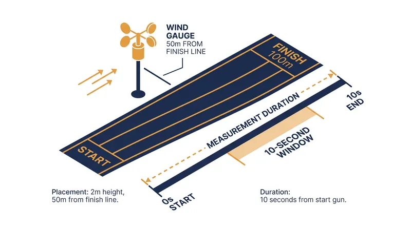 Wind velocity is recorded for exactly 10 seconds during the 100-meter sprint.