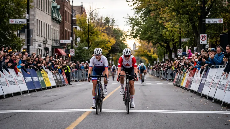 Viktória Chladoňová and Isabella Holmgren sprinting side-by-side toward the finish line on a city street.