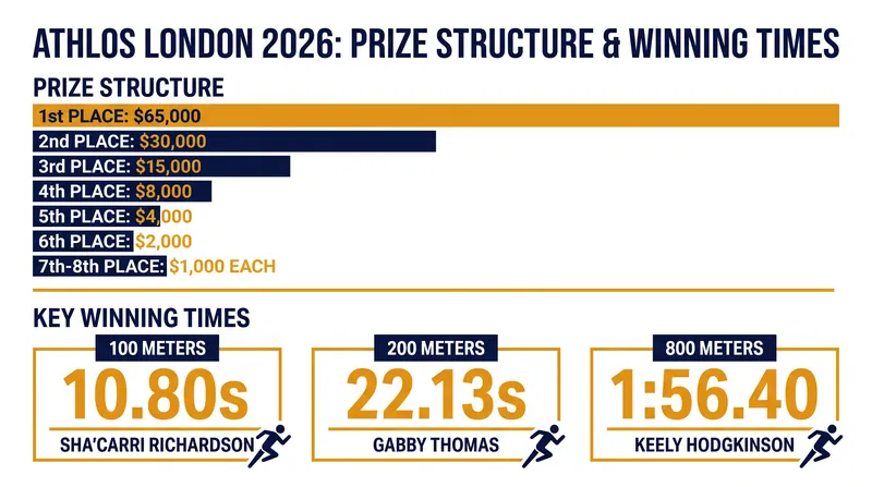 Athlos London 2026 winning times and prize structure.