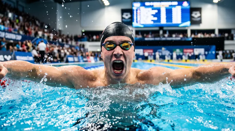 19-year-old Chinese swimmer Zhang Zhanshuo celebrating in the pool after winning the 200m freestyle.