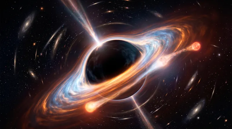 An illustration of a supermassive black hole with a glowing accretion disk and a bright jet.