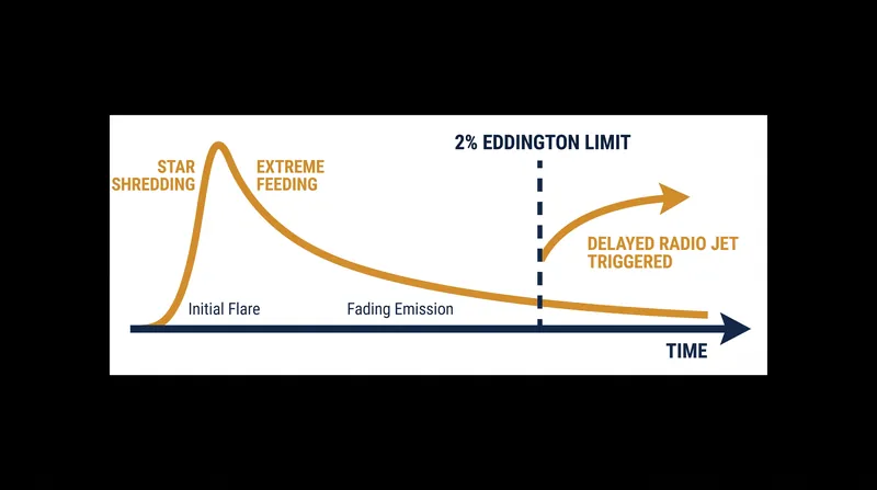 Delayed radio jets consistently switch on when the black hole's accretion rate falls to 2 percent of its Eddington limit.