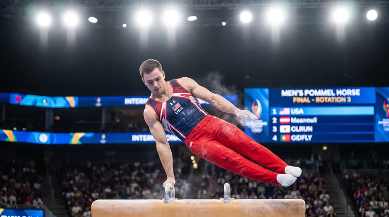 A male gymnast performing a dynamic routine on the pommel horse in a brightly lit international competition arena.