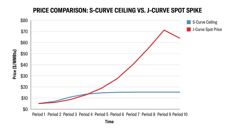 During the 2022 supply shock, hub-indexed spot prices exhibited a J-curve spike that vastly exceeded the S-curve ceiling of traditional contracts.