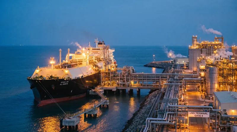 A large specialized liquefied natural gas tanker ship docked at a complex industrial regasification terminal at dusk.