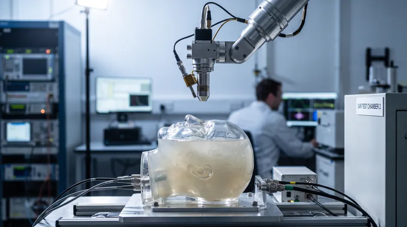 A robotic probe positioned above a liquid-filled head model in a laboratory setting.