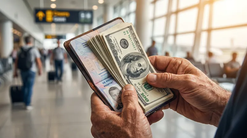 A traveler's hands holding an open United States passport with a stack of hundred-dollar bills inside, set against a blurred airport terminal background.