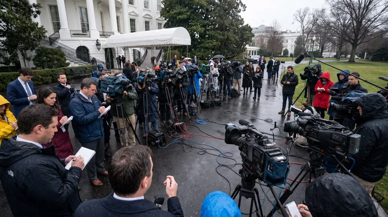 Wide shot of the White House North Lawn press briefing area with television cameras on tripods.