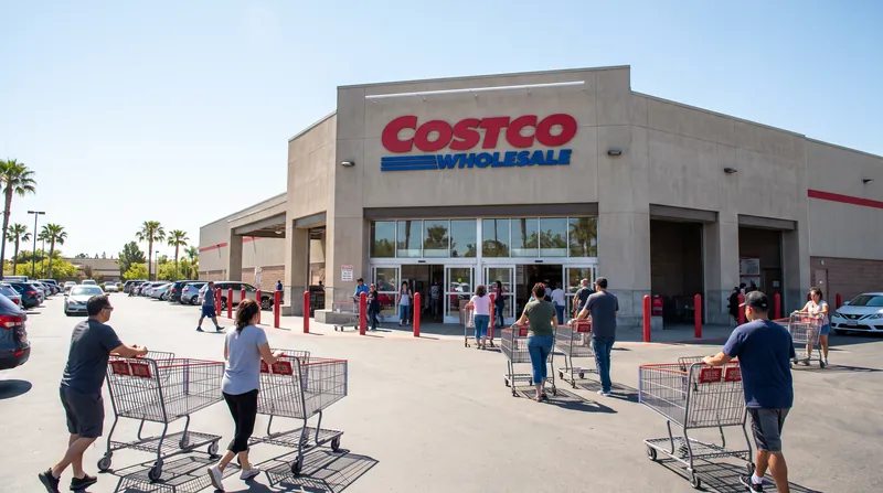 Exterior view of a Costco Wholesale warehouse store with shoppers walking toward the entrance.