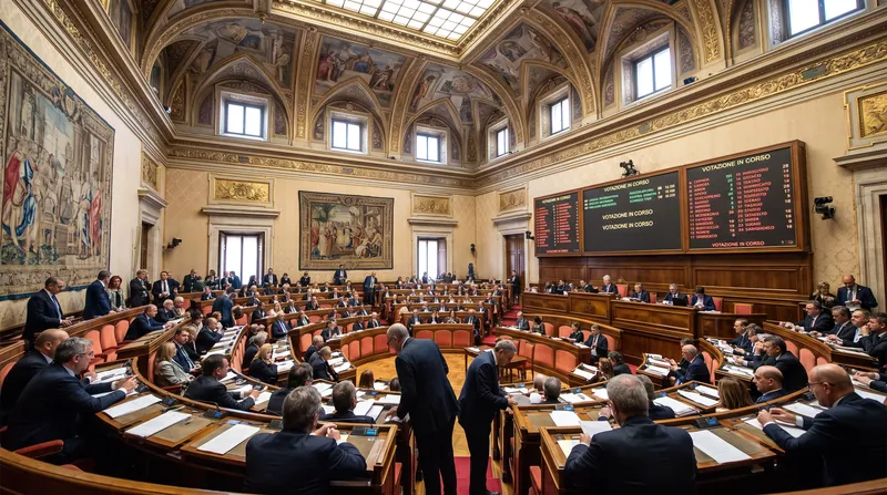 The semicircular chamber of the Italian Senate during a legislative session, with senators seated at wooden desks.