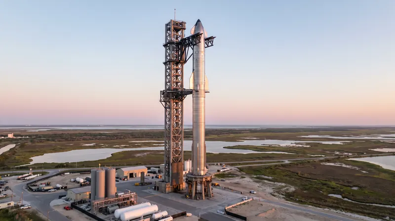 A massive stainless steel Starship rocket stacked on its Super Heavy booster at a launch pad.
