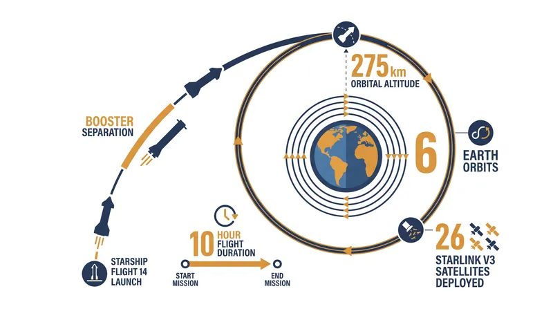Flight 14 marks Starship's first attempt at a sustained orbital trajectory and operational payload deployment.