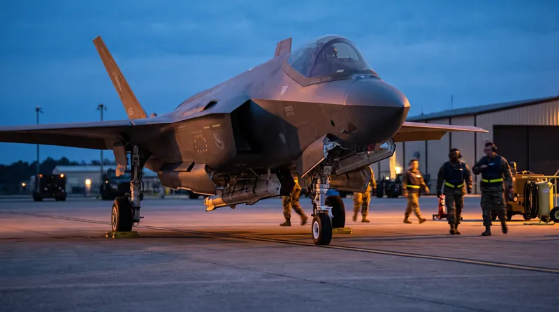 An F-35 Lightning II stealth fighter parked on a military tarmac at dusk with logistics personnel nearby.
