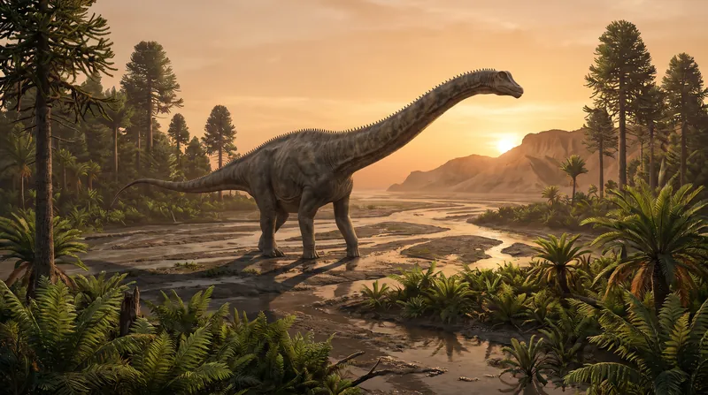 An artist's rendering of a massive, long-necked Diplodocus dinosaur walking across a prehistoric landscape.