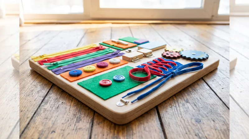 A colorful toddler busy board with zippers, buttons, and shoelaces resting on a wooden floor.