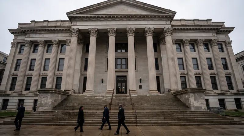 A solemn, classical stone courthouse building with large columns under an overcast sky.