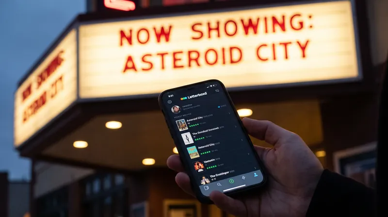 A person holds a smartphone showing the Letterboxd app in front of a blurred movie theater.