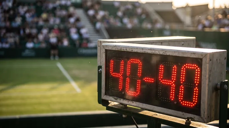 A digital tennis scoreboard at a stadium displaying a tied score of 40-40, known as Deuce.