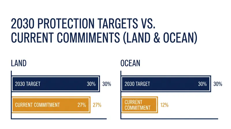 Existing national commitments put terrestrial protection near the 30 percent goal, while ocean protection lags severely.