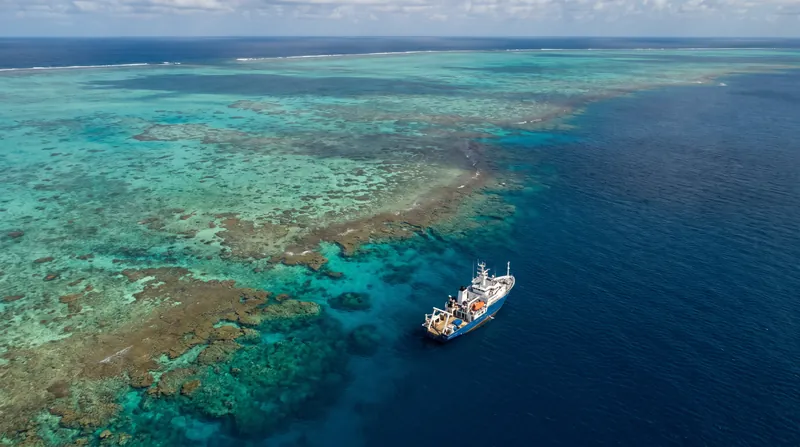 Aerial view of a vibrant coral reef transitioning into deep blue ocean water.