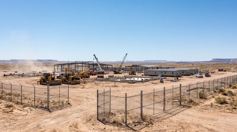 A massive, partially constructed data center site in a desert landscape with idle construction equipment.