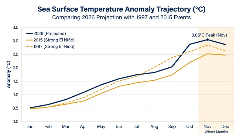 The 2026 El Niño anomaly has outpaced both the 1997 and 2015 super events.