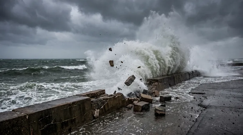 A massive ocean wave crashes violently against a damaged coastal seawall under dark storm clouds.