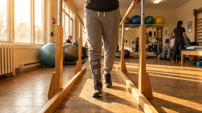 A patient walking confidently between parallel bars in a bright physical therapy rehabilitation room.