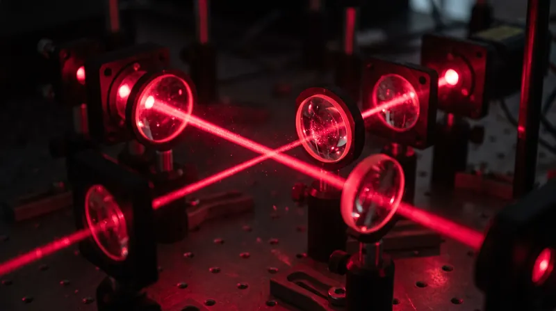 A bright red laser beam passing through a series of optical lenses on a dark laboratory table.