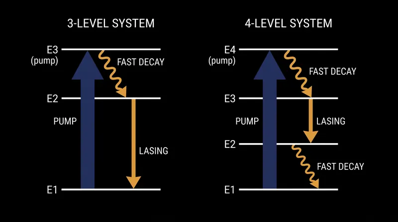 Four-level systems require significantly less pumping energy because the lower lasing level remains empty.