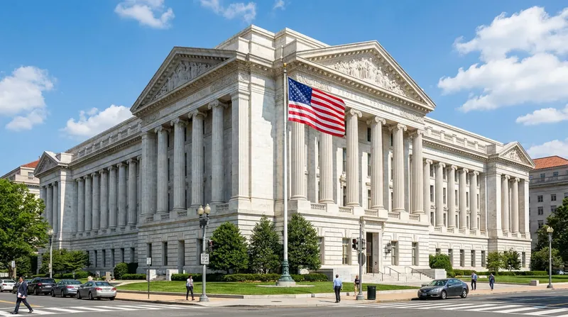 The exterior facade of the Federal Reserve Board building in Washington, D.C.