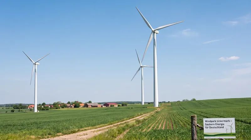 A row of modern white wind turbines standing in a green agricultural field under a clear sky.