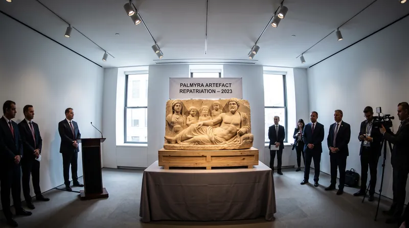 A massive ancient limestone relief depicting a reclining man and his family on display.