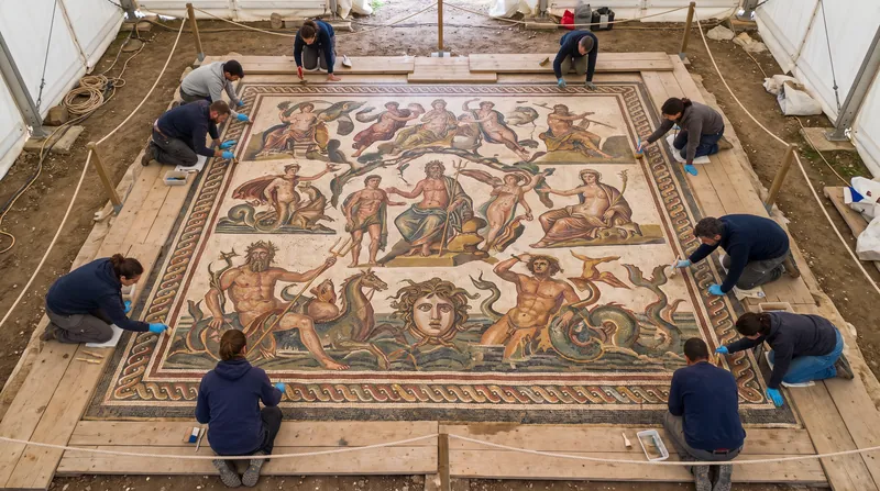 The 'Telete and Eros' mosaic, dating to the third century B.C.E., was seized from a storage unit in 2021.