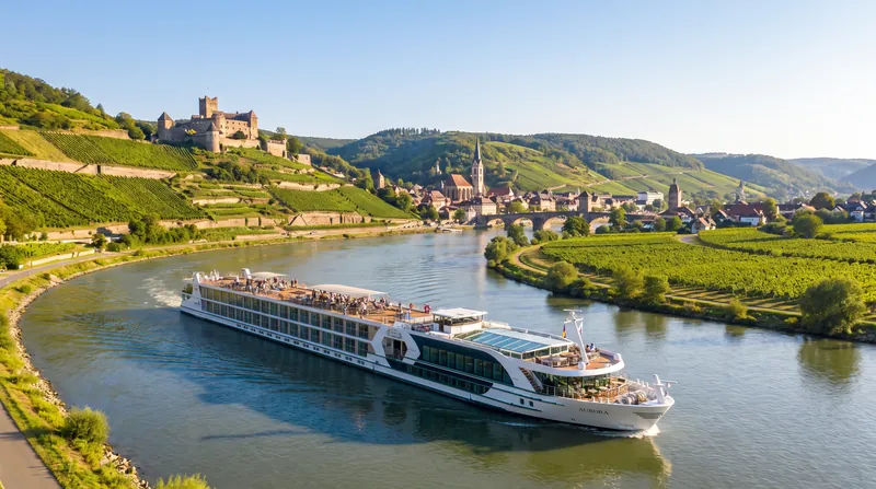 A modern luxury river cruise ship sailing down a European river past historic buildings.