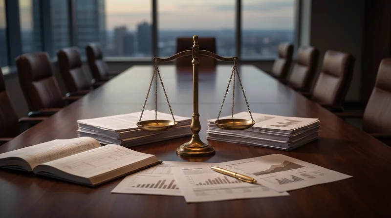 A modern corporate boardroom table featuring financial documents and a brass balance scale.